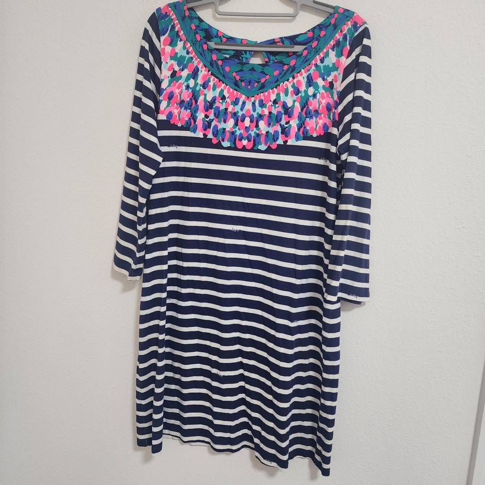 Lilly Pulitzer Dress Women's Large‎ Navy Blue Stripe Colorful Knit Casual